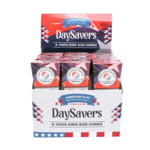 DaySavers 1 Gram King Size American Flag Pre Rolled Cones | 3 Cones per Pack - 24 Packs in Box
